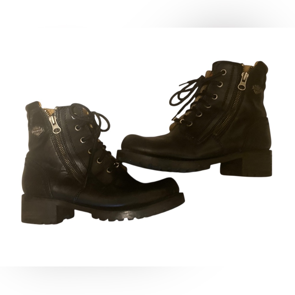 Harley Davidson Motorcycle Black Leather Zipper Boots with Block Heel Size 7